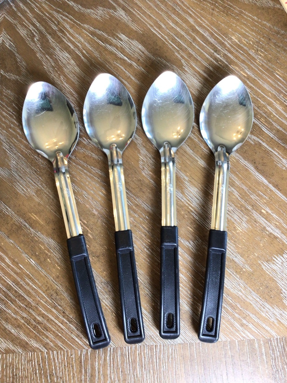 Vintage 4Pc JR Stainless Steel Basting Serving Spoons Black Handle 13”